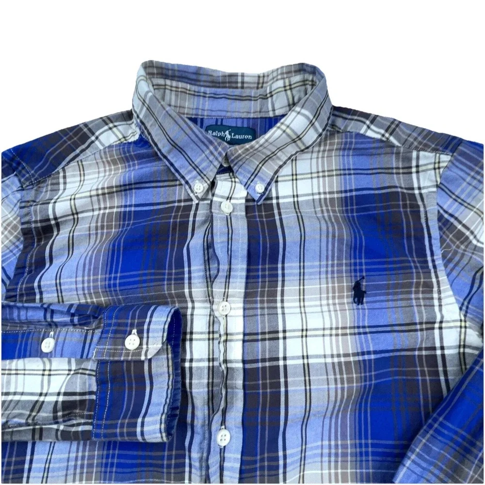 Ralph Lauren Shirt Boys XL Blue Button Up Tartan Plaid Dress Youth Kids Multi *